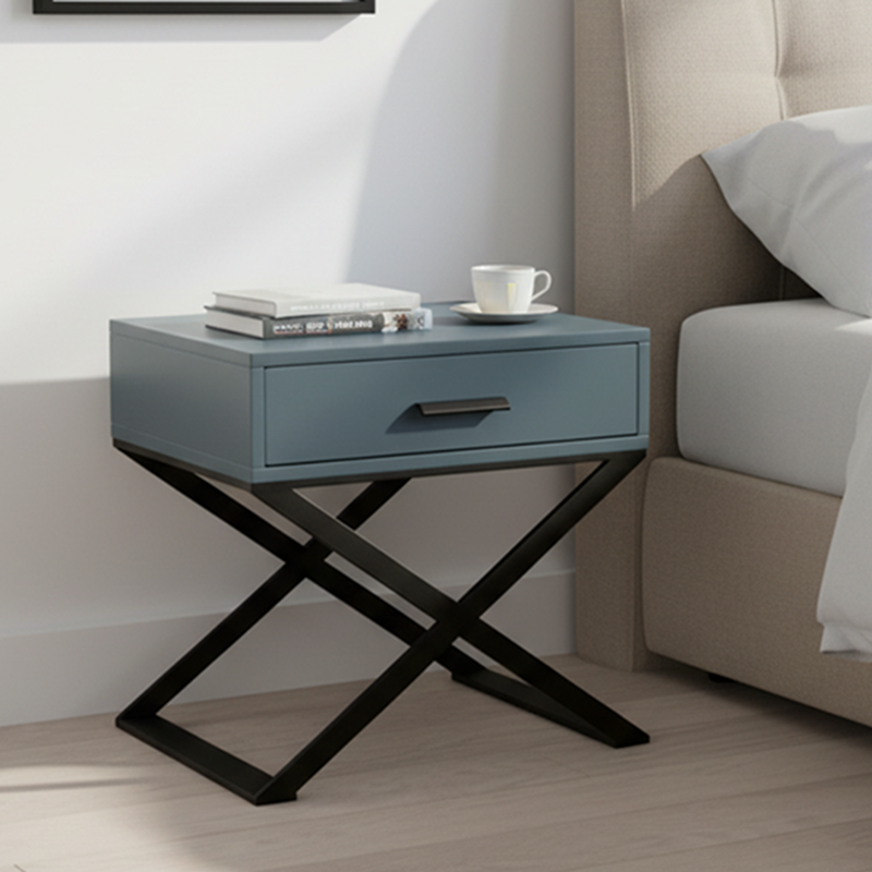 Blue-Black Industrial Nightstand - Heavy-Duty Triangular Iron Legs Bedside Table 1-Drawer For Bedroom