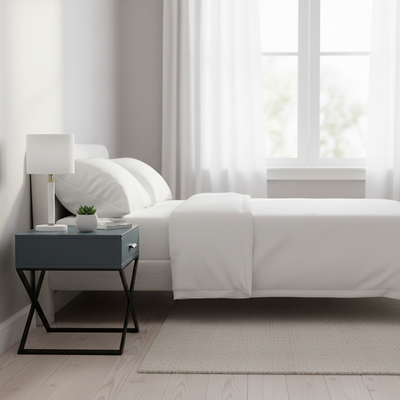 Blue-Black Industrial Nightstand - Heavy-Duty Triangular Iron Legs Bedside Table 1-Drawer For Bedroom