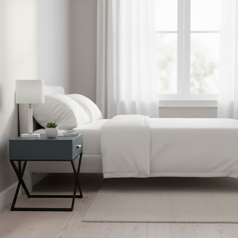 Blue-Black Industrial Nightstand - Heavy-Duty Triangular Iron Legs Bedside Table 1-Drawer For Bedroom