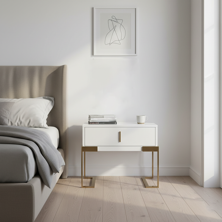 Industrieller Hardcore-Design-Nachttisch - Hochglanzlackierte Nachtkonsole mit 1 Schublade für das Schlafzimmer 