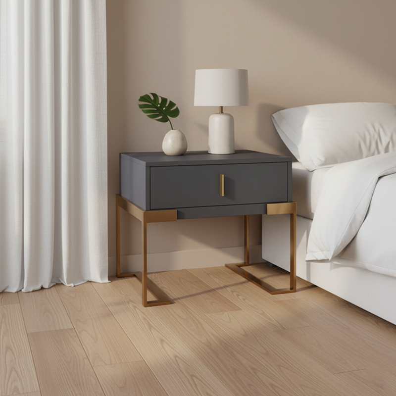 E1 Eco-Safe Industrial Bedside Table - Scratch-Resistant Baking Paint Nightstand 1-Drawer Nightstand For Bedroom &amp; Living Room