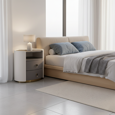 Premium Luxury Nightstand - Matte Baked Paint Curved Solid Wood Frame Multi-Style Adaptability Bedside Table 2-Drawer For Bedroom