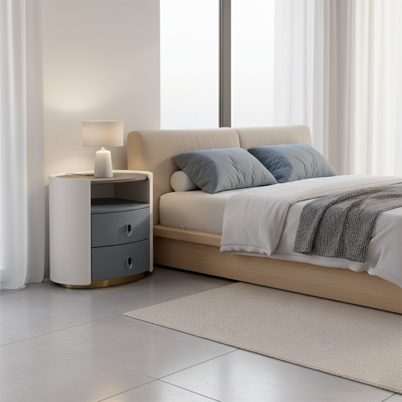 Table de chevet de luxe premium - cadre en bois massif courbé avec peinture mate cuite, adaptabilité multi-style, table de chevet à 2 tiroirs pour chambre à coucher 