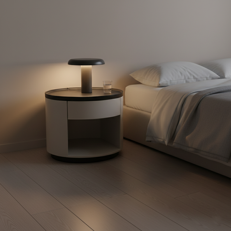 Elegante mesa de noche sin manijas - Riel de rebote con apertura a presión y mesita de noche con pintura horneada premium de 1 cajón para dormitorio 