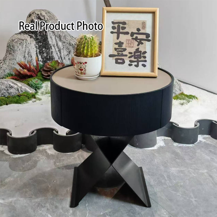 Table de chevet ronde industrielle contemporaine - table de chevet en finition cuir sellier à 1 tiroir pour chambre à coucher 