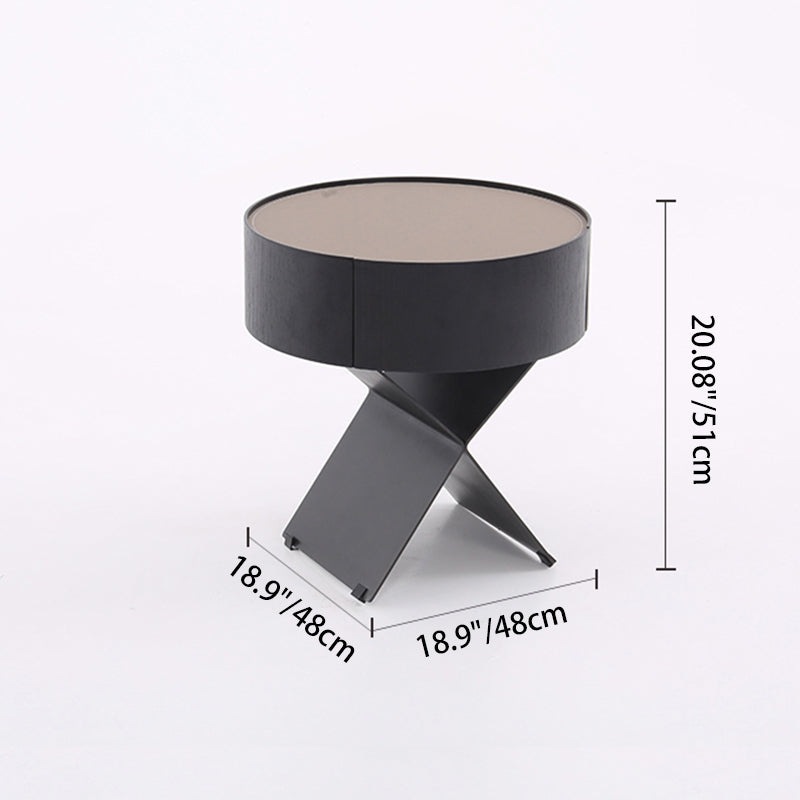 Table de chevet ronde industrielle contemporaine - table de chevet en finition cuir sellier à 1 tiroir pour chambre à coucher 