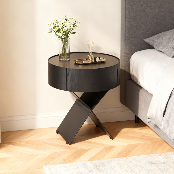 Table de chevet ronde industrielle contemporaine - table de chevet en finition cuir sellier à 1 tiroir pour chambre à coucher 