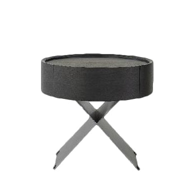 Table de chevet ronde industrielle contemporaine - table de chevet en finition cuir sellier à 1 tiroir pour chambre à coucher 