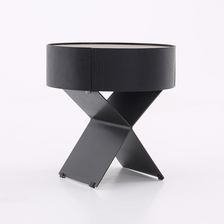 Table de chevet ronde industrielle contemporaine - table de chevet en finition cuir sellier à 1 tiroir pour chambre à coucher 