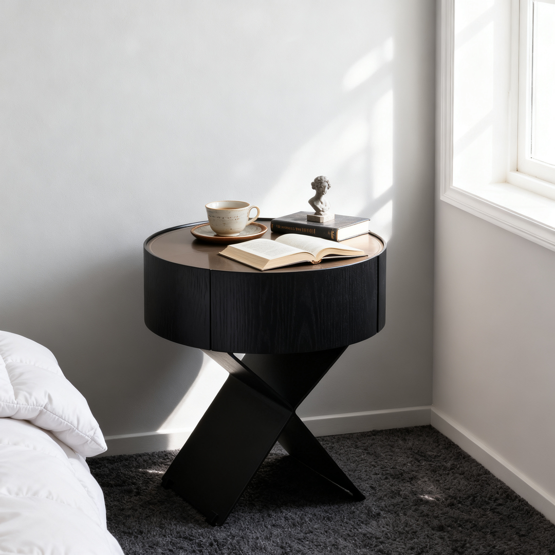 Table de chevet ronde industrielle contemporaine - table de chevet en finition cuir sellier à 1 tiroir pour chambre à coucher 