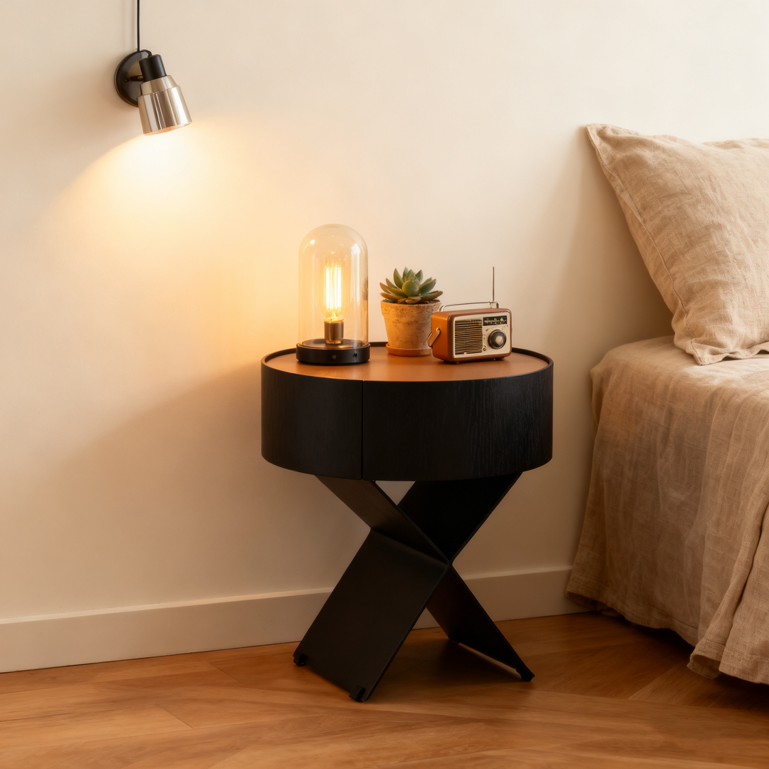 Table de chevet ronde industrielle contemporaine - table de chevet en finition cuir sellier à 1 tiroir pour chambre à coucher 