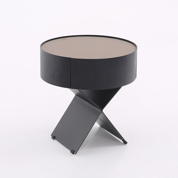 Table de chevet ronde industrielle contemporaine - table de chevet en finition cuir sellier à 1 tiroir pour chambre à coucher 