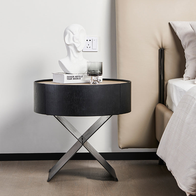 Table de chevet ronde industrielle contemporaine - table de chevet en finition cuir sellier à 1 tiroir pour chambre à coucher 