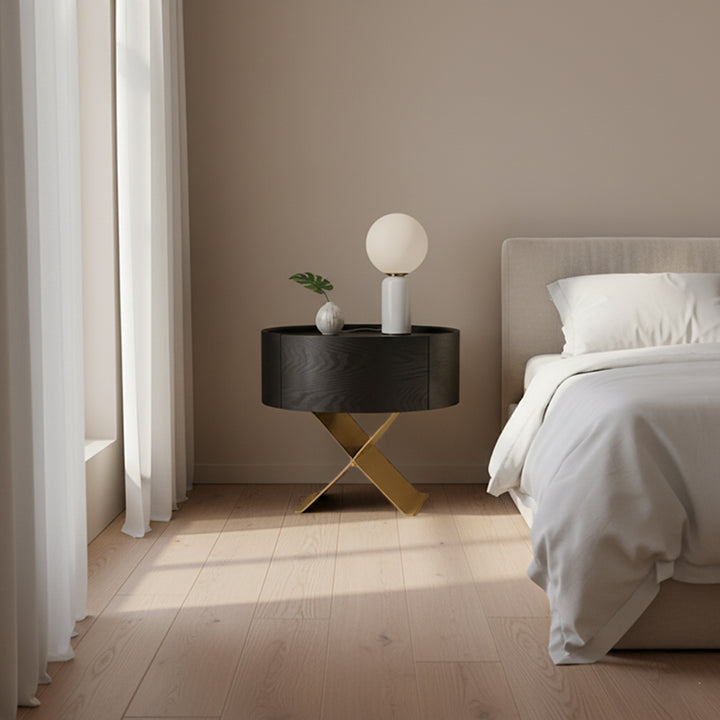 Table de chevet industrielle en bois fumé - panneau en bois massif et table de chevet lisse à 1 tiroir circulaire pour chambre à coucher 
