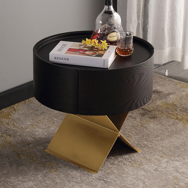 Table de chevet industrielle en bois fumé - panneau en bois massif et table de chevet lisse à 1 tiroir circulaire pour chambre à coucher 