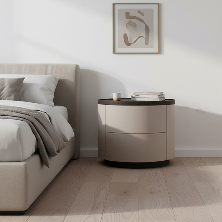 Durable Dual-Material Nightstand - Minimalist Rounded Shape & Organized Storage Bedside Table 2-Drawer For Bedroom