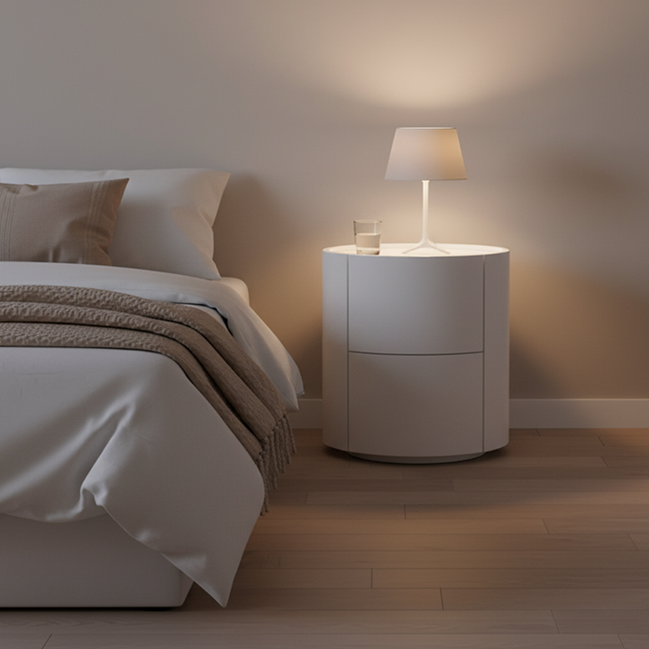 Nordic Abgerundeter Nachttisch - Robuste Bauweise &amp; Minimalistische Weiche Textur Nachttisch 2-Schubladen Für Schlafzimmer 