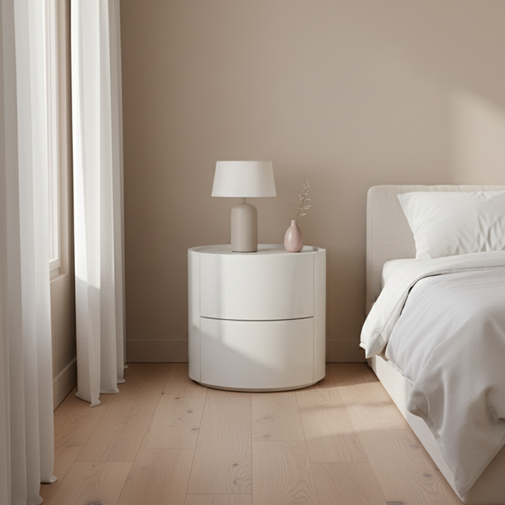 Nordic Rounded Cabinet Nightstand - Sturdy Build & Minimalist Soft Texture Bedside Table 2-Drawer For Bedroom