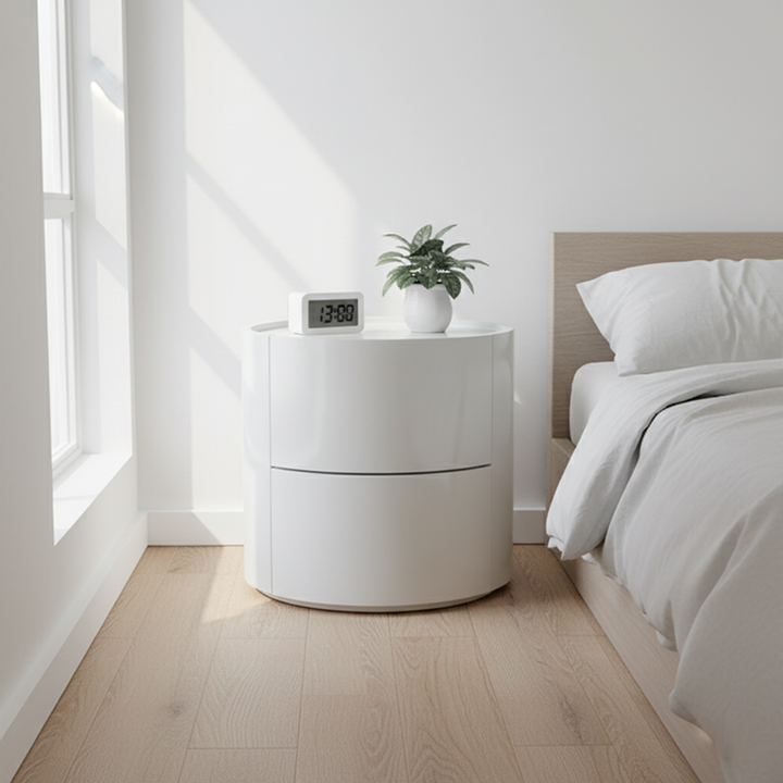 Nordic Abgerundeter Nachttisch - Robuste Bauweise &amp; Minimalistische Weiche Textur Nachttisch 2-Schubladen Für Schlafzimmer 
