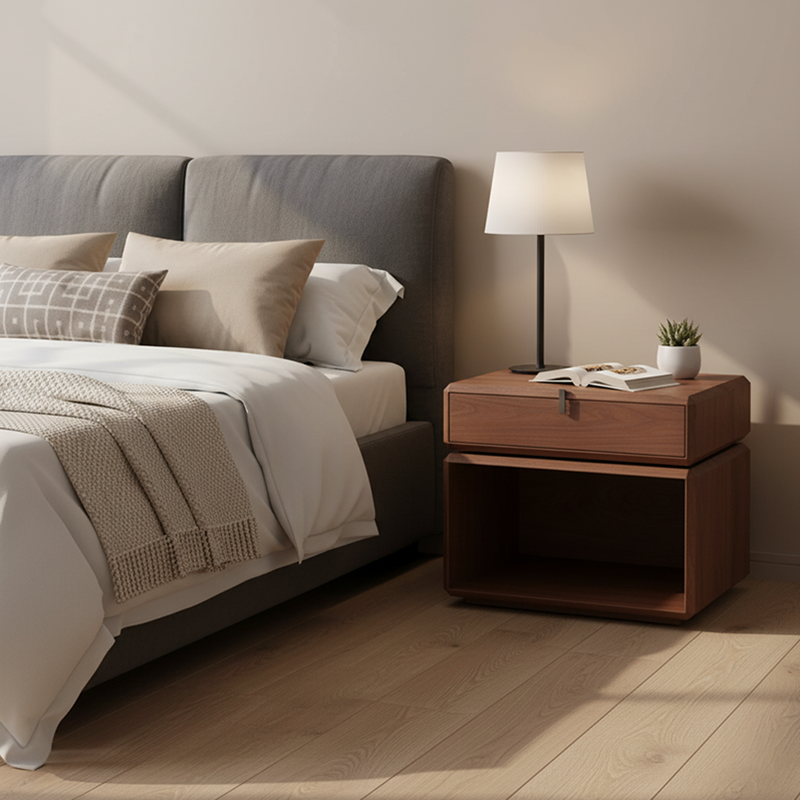Retro Rotatable Wood Nightstand - Rotatable Top &amp; Classified Storage Layout Bedside Table 1-Drawer For Bedroom