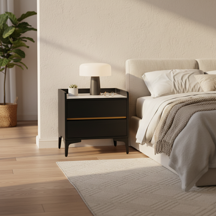 Easy-Clean Scandinavian Bedside Table - Eco-Friendly Wood Veneer & Smooth 2-Drawer Nightstand For Bedroom