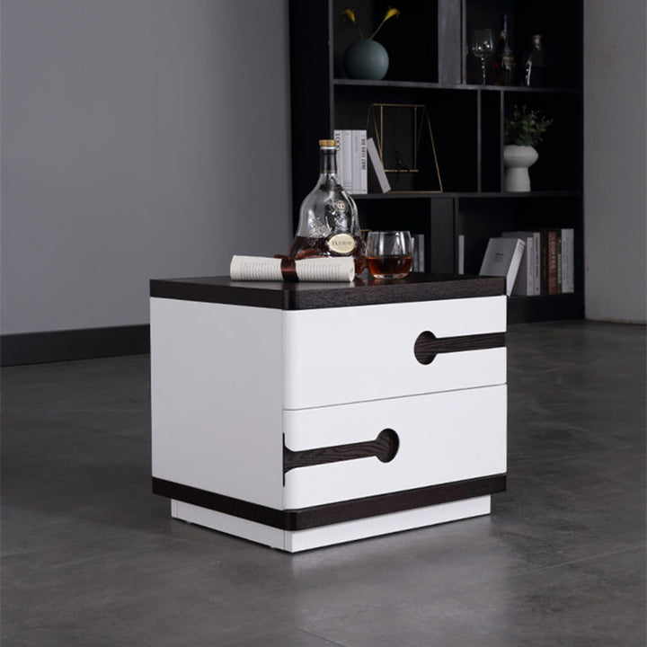 Table de chevet contemporaine en contreplaqué plaqué de style scandinave - table de nuit contrastée à deux tiroirs en noyer et blanc pour chambre à coucher 