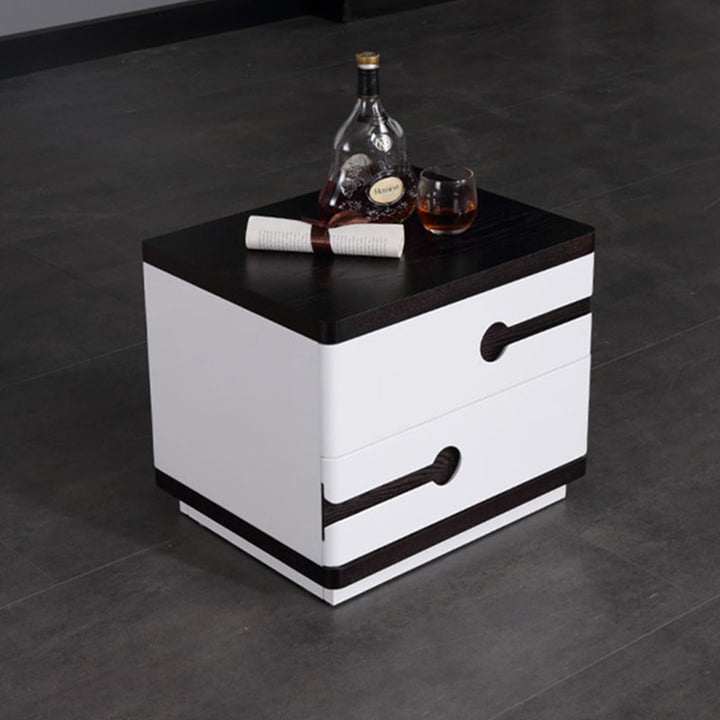 Table de chevet contemporaine en contreplaqué plaqué de style scandinave - table de nuit contrastée à deux tiroirs en noyer et blanc pour chambre à coucher 