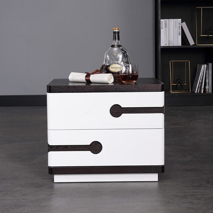 Table de chevet contemporaine en contreplaqué plaqué de style scandinave - table de nuit contrastée à deux tiroirs en noyer et blanc pour chambre à coucher 