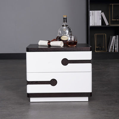 Contemporary Scandinavian Veneered Plywood Bedside Table - Two Drawer Walnut White Contrast Nightstand For Bedroom