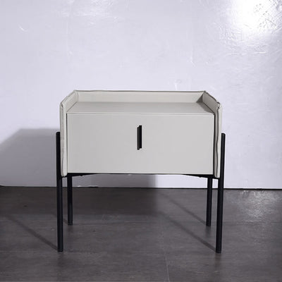 Modern Minimalist Veneered Plywood Nightstand - Matte Black Frame 1-Drawer Bedside Table For Bedroom