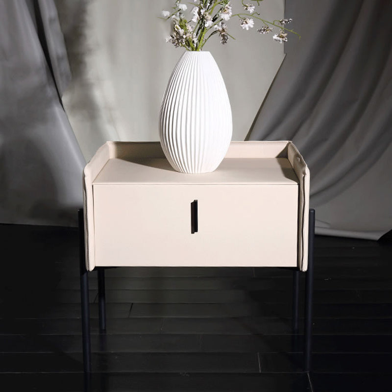 Modern Minimalist Veneered Plywood Nightstand - Matte Black Frame 1-Drawer Bedside Table For Bedroom