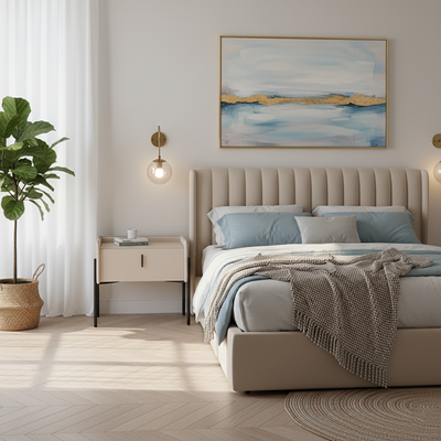 Modern Minimalist Veneered Plywood Nightstand - Matte Black Frame 1-Drawer Bedside Table For Bedroom