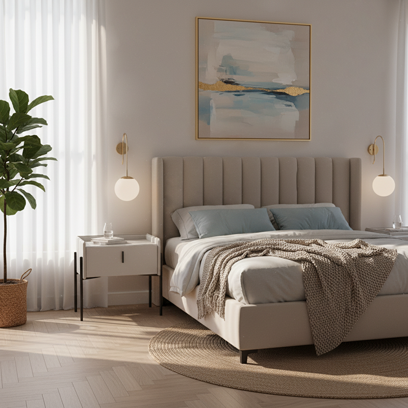 Modern Minimalist Veneered Plywood Nightstand - Matte Black Frame 1-Drawer Bedside Table For Bedroom