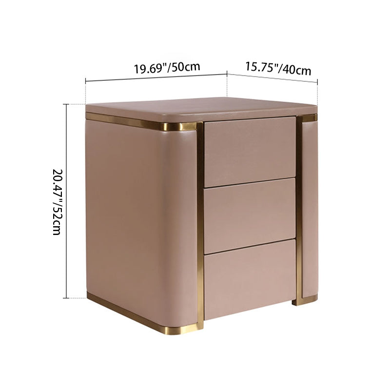 Modern Luxury Faux Leather Gold Metal Trim Nightstand - 3 Drawer Bedside Table For Bedroom