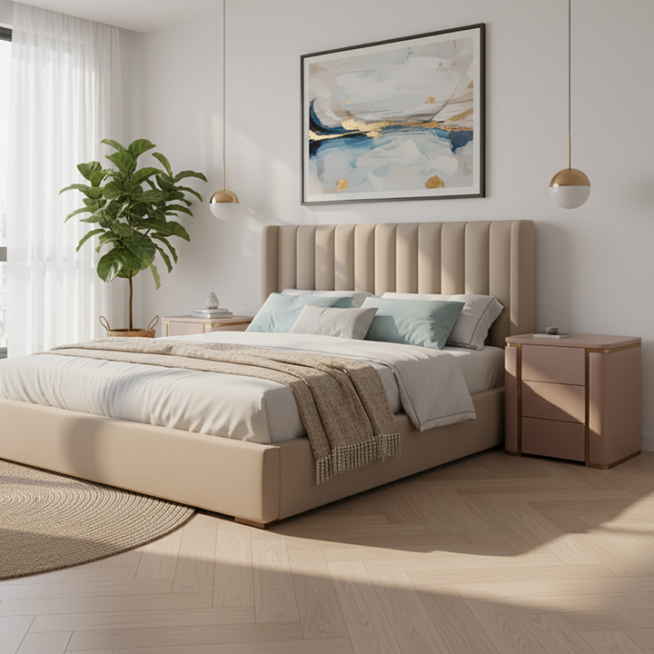 Table de chevet moderne de luxe en similicuir avec finition métallique dorée – table de nuit à 3 tiroirs pour chambre 