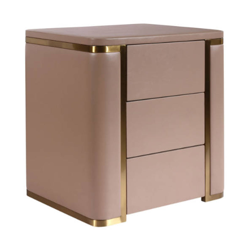 Modern Luxury Faux Leather Gold Metal Trim Nightstand - 3 Drawer Bedside Table For Bedroom