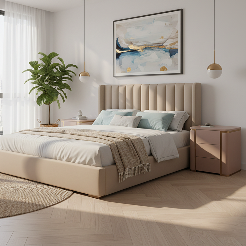 Modern Luxury Faux Leather Gold Metal Trim Nightstand - 3 Drawer Bedside Table For Bedroom