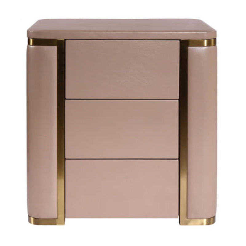 Modern Luxury Faux Leather Gold Metal Trim Nightstand - 3 Drawer Bedside Table For Bedroom