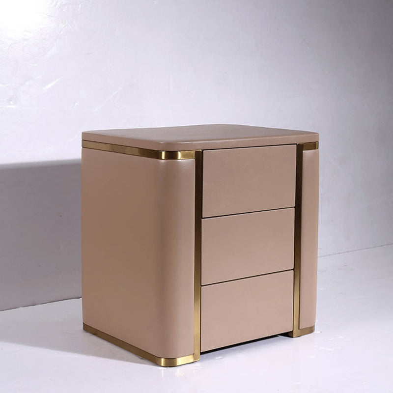 Modern Luxury Faux Leather Gold Metal Trim Nightstand - 3 Drawer Bedside Table For Bedroom