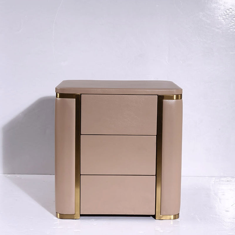 Modern Luxury Faux Leather Gold Metal Trim Nightstand - 3 Drawer Bedside Table For Bedroom