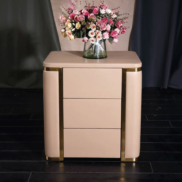 Table de chevet moderne de luxe en similicuir avec finition métallique dorée – table de nuit à 3 tiroirs pour chambre 
