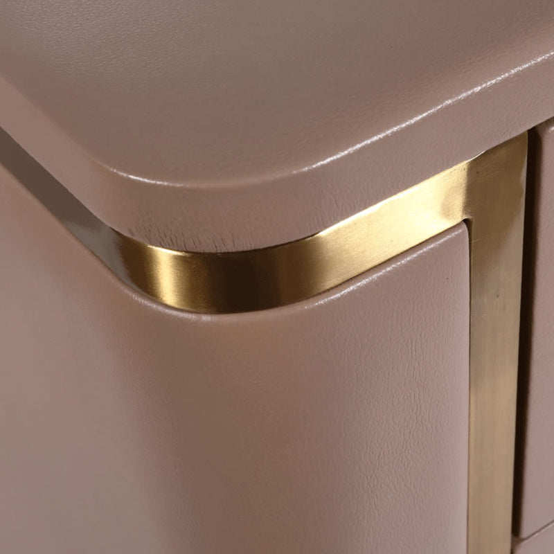 Modern Luxury Faux Leather Gold Metal Trim Nightstand - 3 Drawer Bedside Table For Bedroom