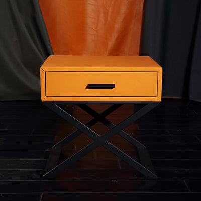 Contemporary Industrial X-Shaped Bedside Table - Veneered Plywood 1-Drawer Nightstand For Bedroom