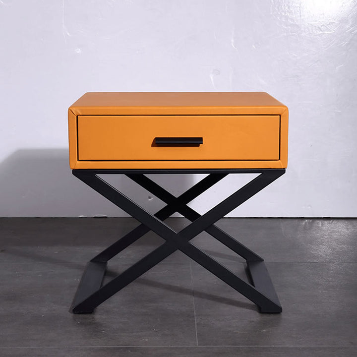 Contemporary Industrial X-Shaped Bedside Table - Veneered Plywood 1-Drawer Nightstand For Bedroom