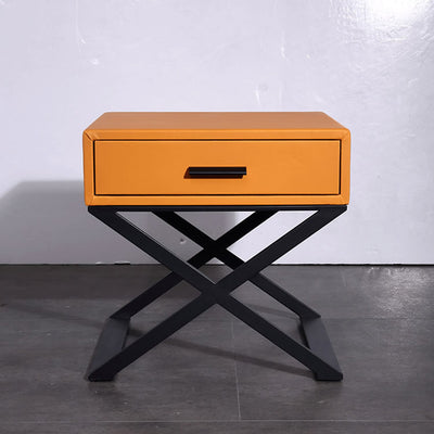Contemporary Industrial X-Shaped Bedside Table - Veneered Plywood 1-Drawer Nightstand For Bedroom
