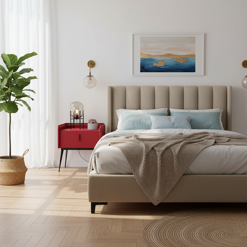 Table de nuit contemporaine scandinave en simili cuir rouge - Table de chevet carrée à 1 tiroir pour chambre à coucher 