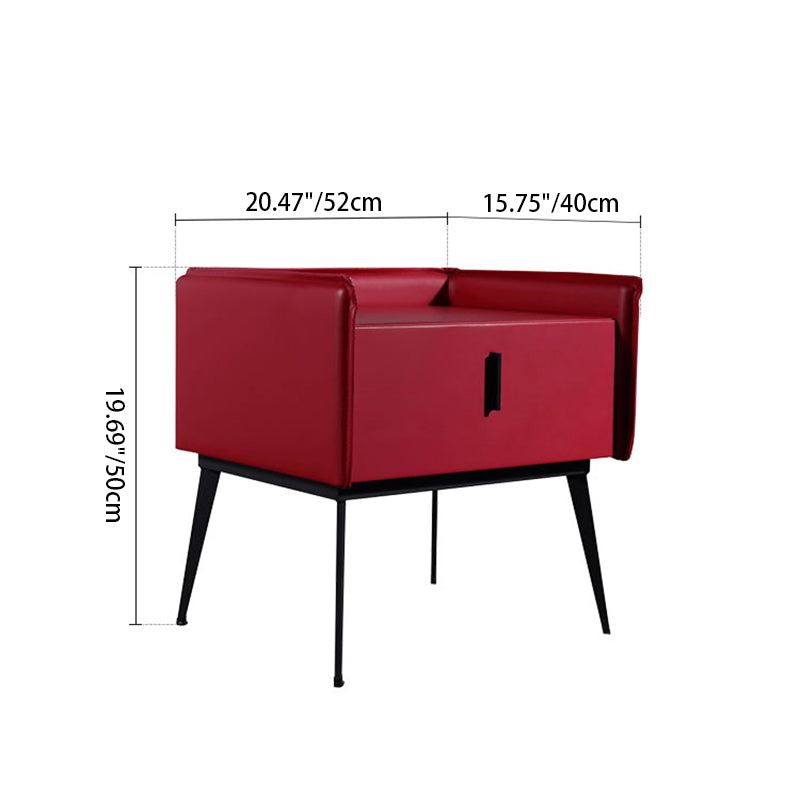 Contemporary Scandinavian Red Faux Leather Nightstand - Square 1-Drawer Bedside Table For Bedroom