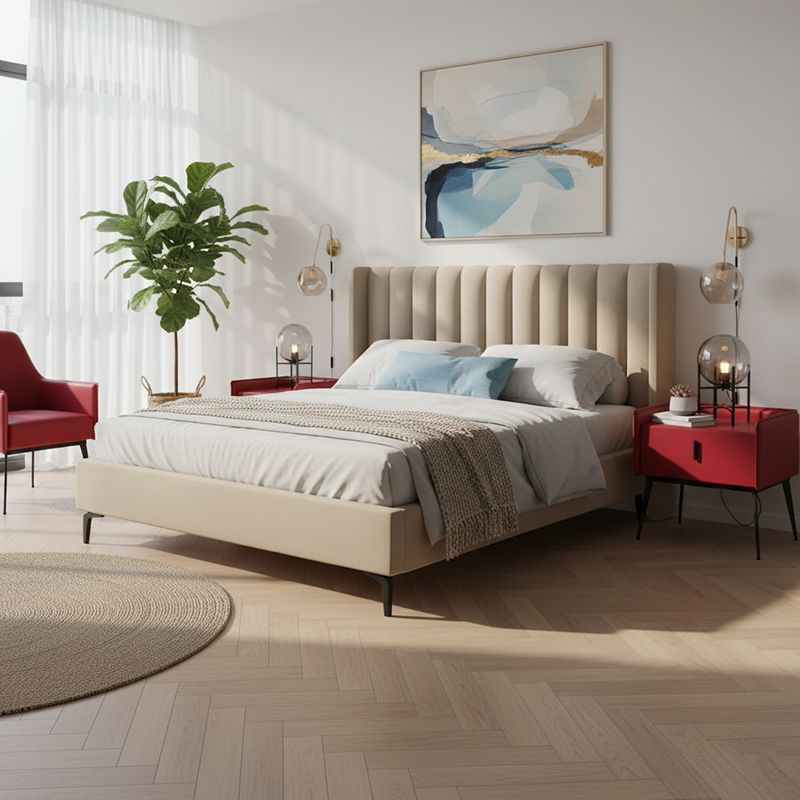 Contemporary Scandinavian Red Faux Leather Nightstand - Square 1-Drawer Bedside Table For Bedroom