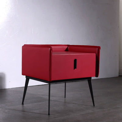 Contemporary Scandinavian Red Faux Leather Nightstand - Square 1-Drawer Bedside Table For Bedroom