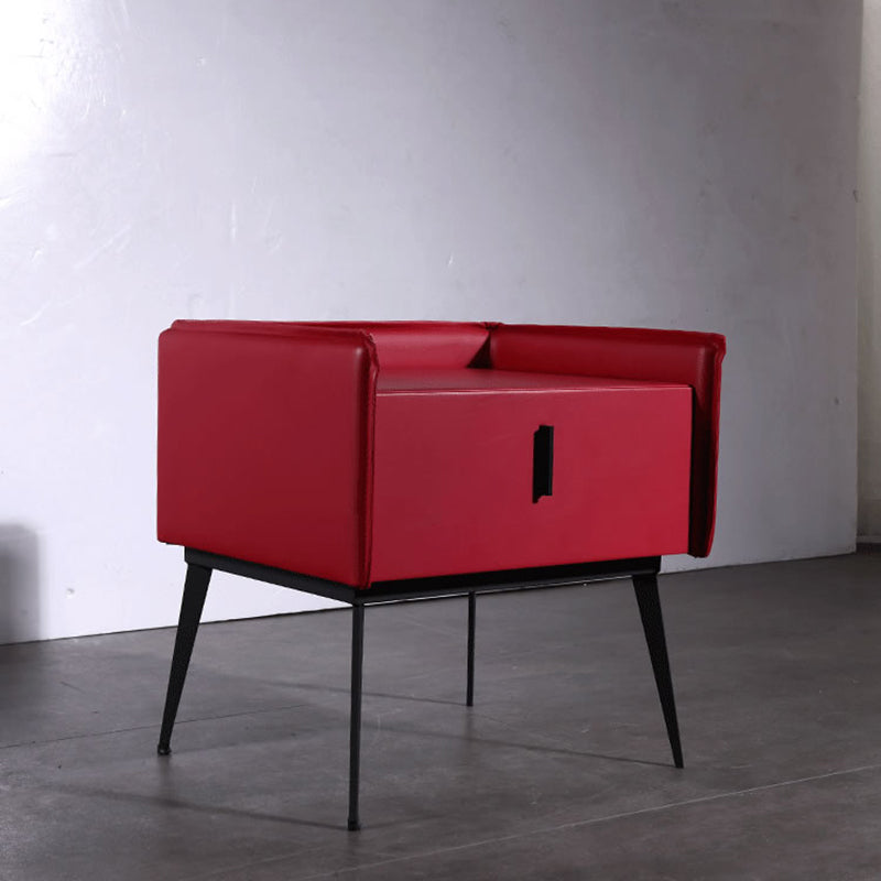 Contemporary Scandinavian Red Faux Leather Nightstand - Square 1-Drawer Bedside Table For Bedroom